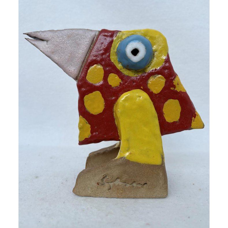 Bredn�b med gule ben, skulptur, ca. 18x21 cm