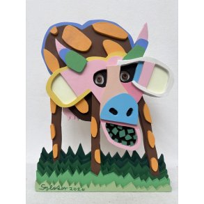 Go'Ko med mad i munden, bemalet tr�relief til v�g, 48 x 38 x 6 cm