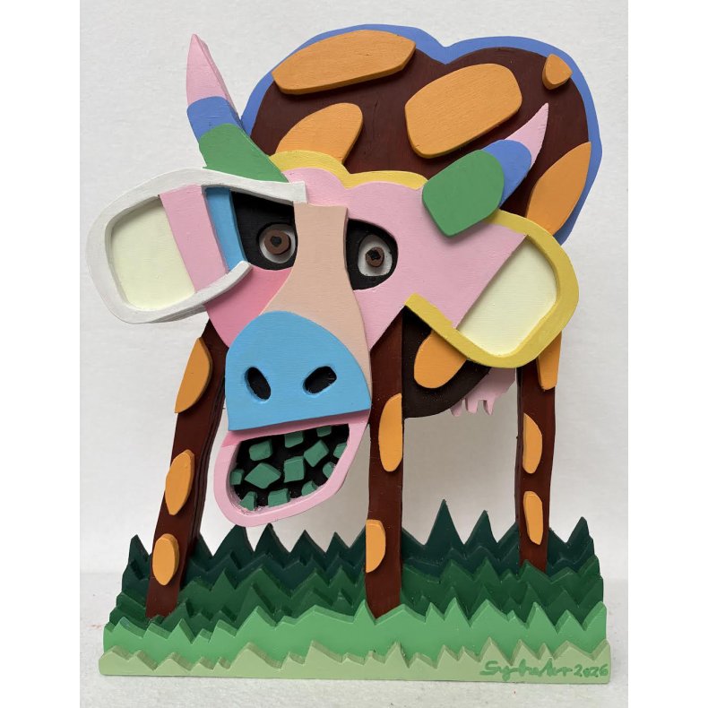 Go'Ko med mad i munden, bemalet tr�relief til v�g, 48 x 38 x 6 cm