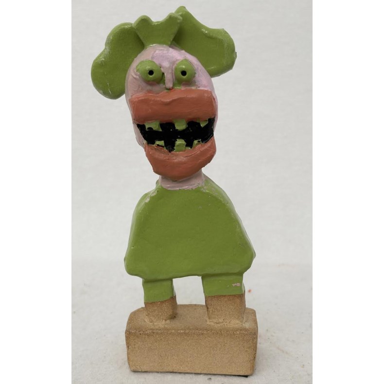 Gr�n glaseret og bemalet dame, let foroverb�jet, skulptur, H. 17 cm