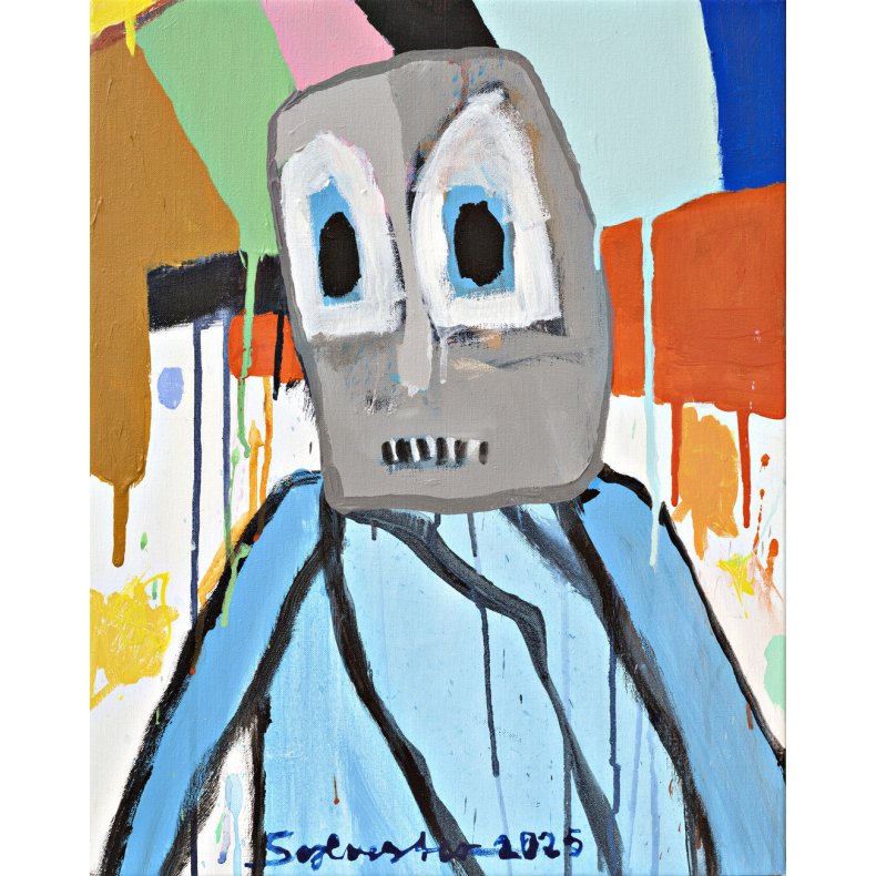 Lille gr� mand i en farverig verden, maleri, 50x40 cm