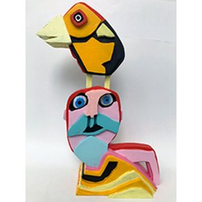 Mand med fugl, bemalet trskulptur