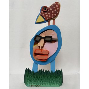 Mand med fantasiens fugl, bemalet trrelief