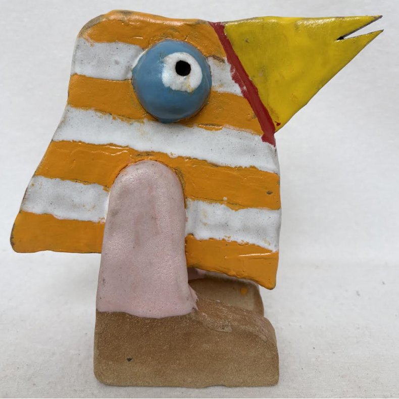 Orange og hvid stribet bredn�b, skulptur, ca. 19x20 cm