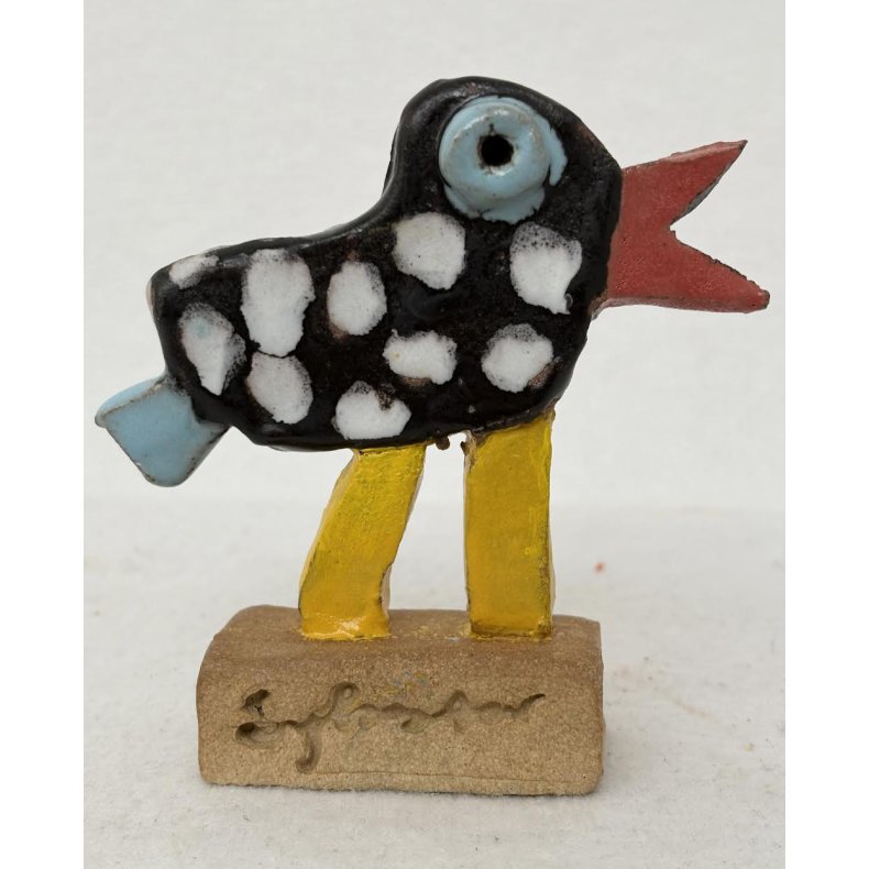 Sort fugl med prikker, skulptur, 11x11 cm