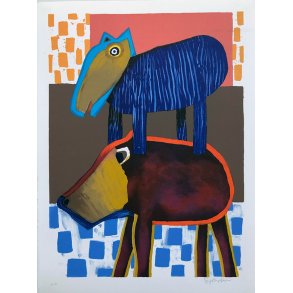 Bl hund p rd hund, litografi