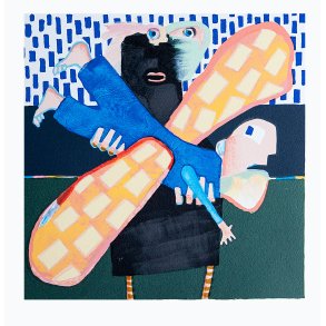 Den gr dame fanger en engel, litografi