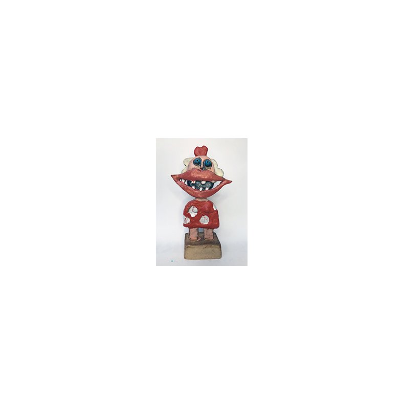 Grinepige, rd m. hvide prikker, skulptur, H.24 cm