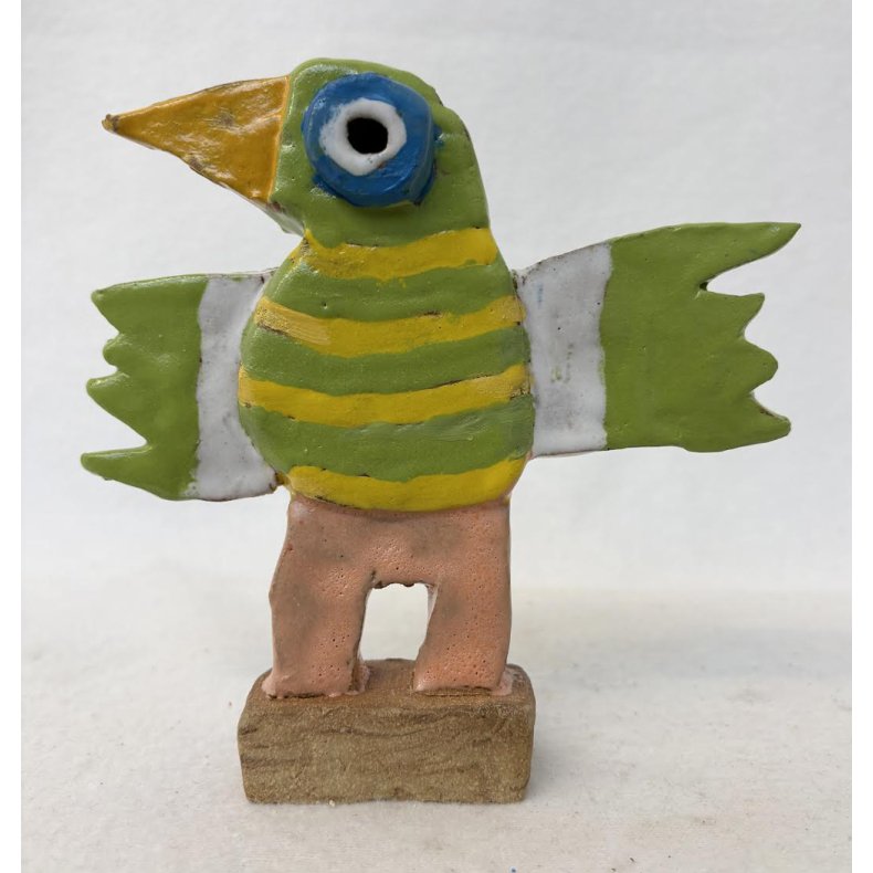 Gr�n og gul stribet fugl, skulptur, ca. 17x17 cm