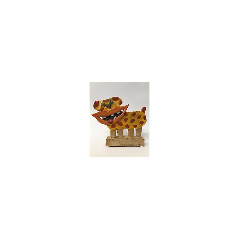 Gul hund m. rde prikker, skulptur, H.16 cm