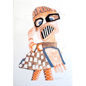 Rdvild teenager, brun/bl/orange p lys baggrund, litografi