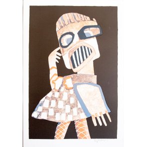 Rdvild teenager, brun/bl/orange p sort baggrund, litografi