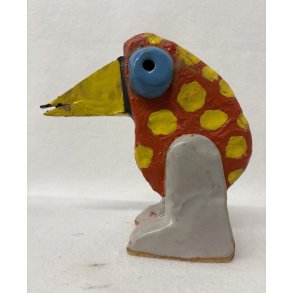 R�d vandrefugl med gule prikker, skulptur, ca. 20x19 cm