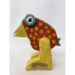 R�d vandrefugl med orange prikker, skulptur, ca. 20x19 cm
